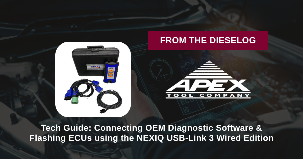 Step-by-step close up layout of NEXIQ USB-Link 3 wired interface connected to a commercial truck diagnostic port